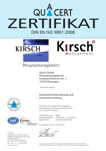 Kirsch GmbH Personalmanagement Zertifikat deutsch DIN EN ISO 9001 2008